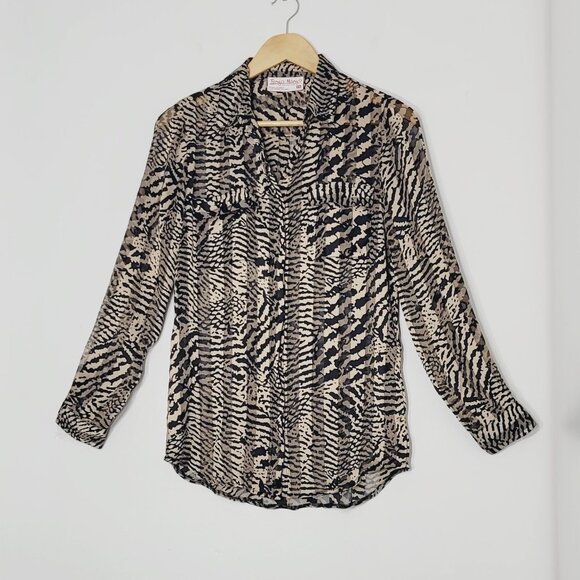 Tango Mango Women's Black & Tan Leopard Print Collared Button Down Shirt Size XS - Picture 2 of 11
